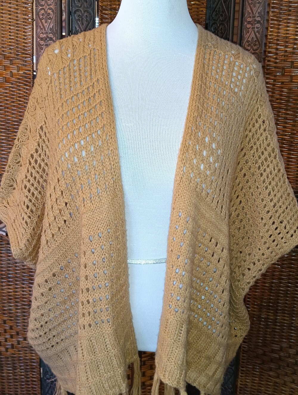 Emery Rose XL Caramel Camel Brown Boho Cottage Core Crochet Poncho Fringes
